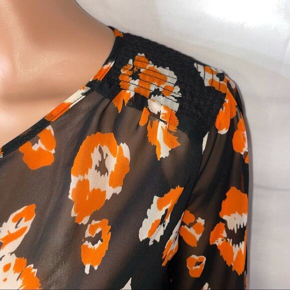 Pleione Floral Print Sheer Black Orange Blouse - SM lightweight top orange black - Picture 4 of 6